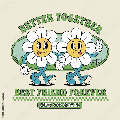 Cute walking daisy flower characters in a vintage cartoon style, symbolizing friendship and togetherness forever
