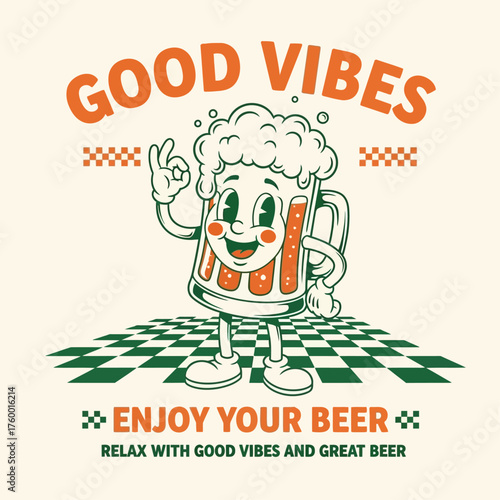 A cheerful retro cartoon beer mug mascot giving an okay hand sign on a checkered floor. Vintage character illustration with positive vibes