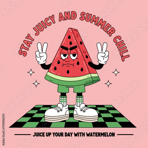 A retro cartoon watermelon character with a cool attitude making peace signs. This fun summer fruit illustration encourages you to stay juicy and chill