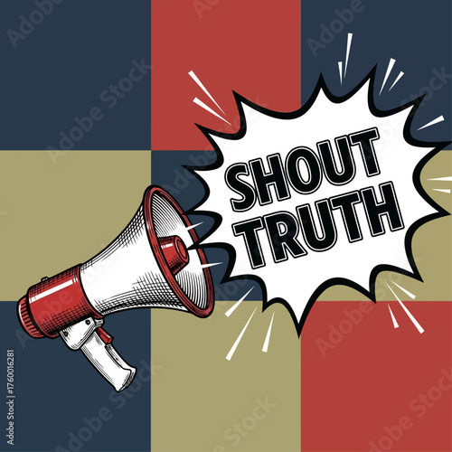 Pop art vector illustration of a megaphone in a retro comic style with a speech bubble proclaiming truth for activism and free speech