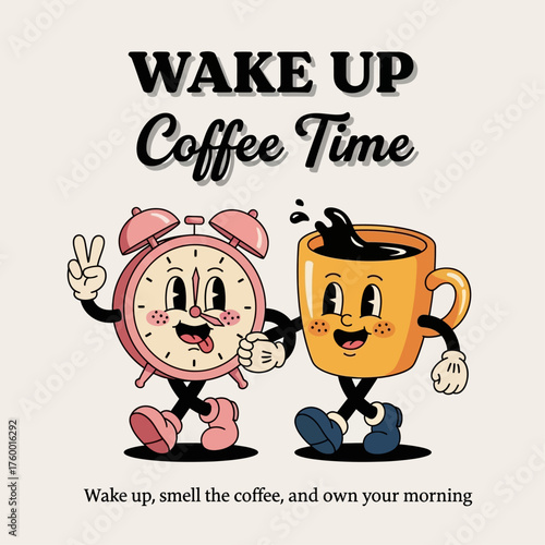 A retro cartoon alarm clock and a cheerful coffee mug character walking together to start the morning with energy and friendship