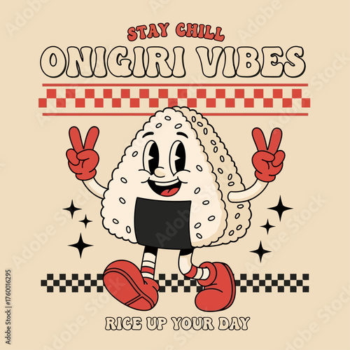 Playful onigiri rice ball character illustration in a retro 30s cartoon style, a fun and positive Japanese food mascot graphic design