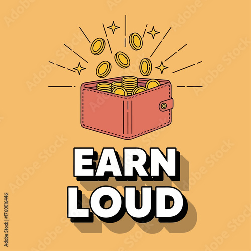 Retro line art illustration of a wallet overflowing with gold coins. Financial concept representing wealth, earning potential, and prosperity