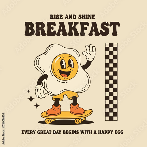 Cheerful breakfast food mascot in a groovy 70s cartoon style, a happy fried egg character riding a skateboard