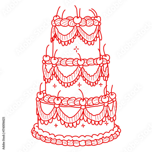 Whimsical cherry tier cake illustration vintage bakery dessert art coquette aesthetic kawaii sweet confectionery design romantic patisserie style elegant line art