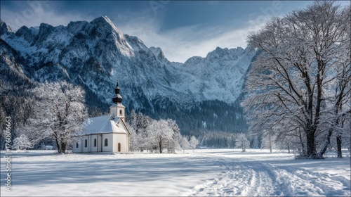 winter church in snowy mountain valley