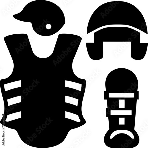 Baseball catcher gear icon set protective equipment silhouette athletic sportswear