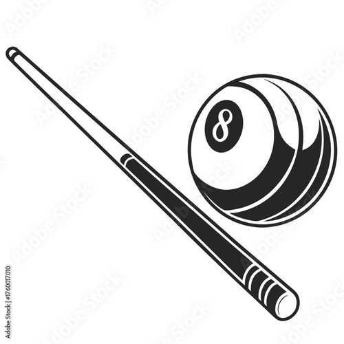 Billiard cue stick and black eight ball icon for pool game entertainment and sports