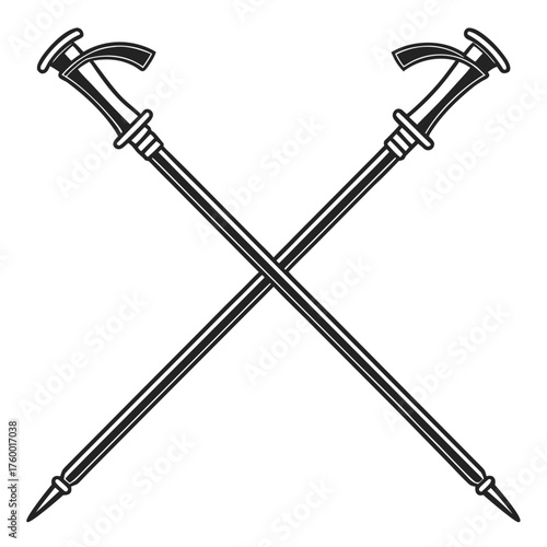 Two crossed trekking poles emblem symbol graphic for outdoors and hiking adventures