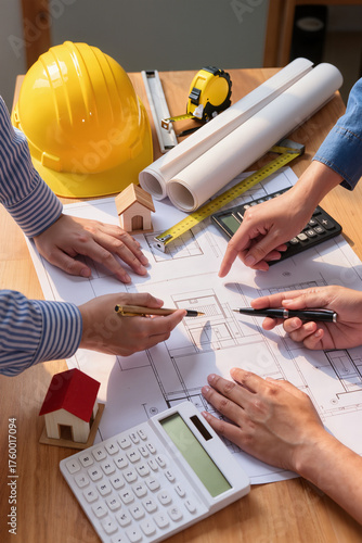 architect man working with blueprints, engineer inspection in workplace for architectural plan, sketching a construction project, selective focus