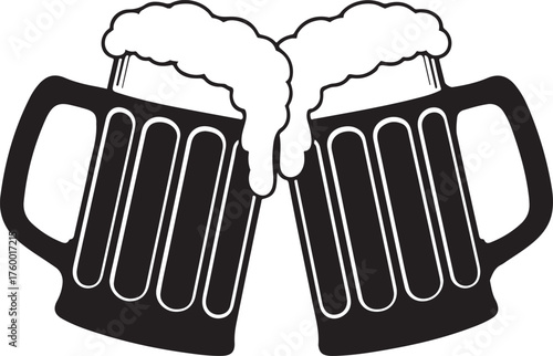 Two frothy beer mugs clinking together celebrate cheers beverage drink