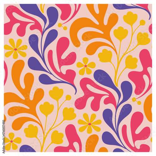 Vibrant seamless floral pattern with bold pink, orange, yellow, and violet shapes on a soft blush background. Perfect for fabric, wallpaper, and cheerful summer designs.