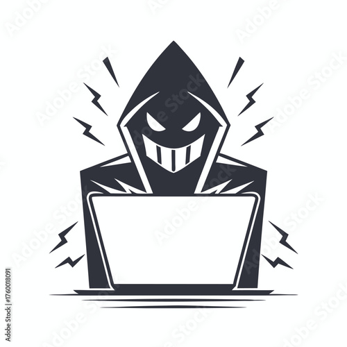 Dark hooded hacker works intently on a laptop, as lightning bolts crackle around