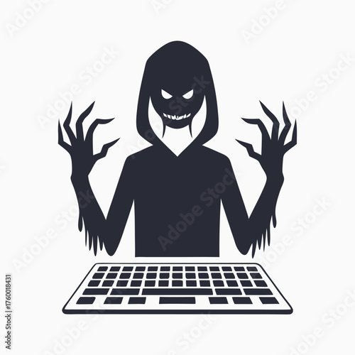 Hooded evil creature with glowing eyes and keyboard prepares for digital torment online