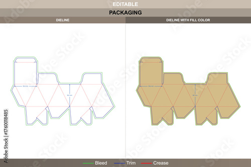 Polygonal triangle box dieline detailed vector printing packaging layout featuring precise fold structure and accurate die line marks for premium product presentation