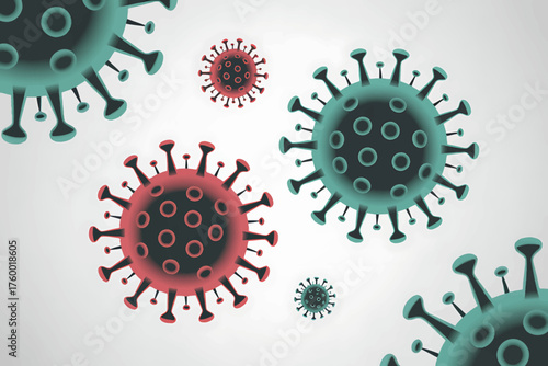 Detailed Vector Illustration of Coronavirus Cells with Red and Blue Coloring Depicting Pandemic Threat and Viral Spread