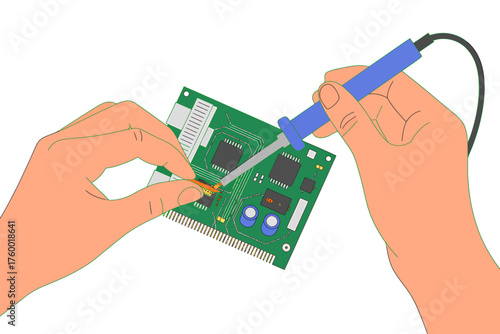 Hand Soldering Electronic Components on a Printed Circuit Board Precision Repair and Assembly of Electronic Devices with a Soldering Iron