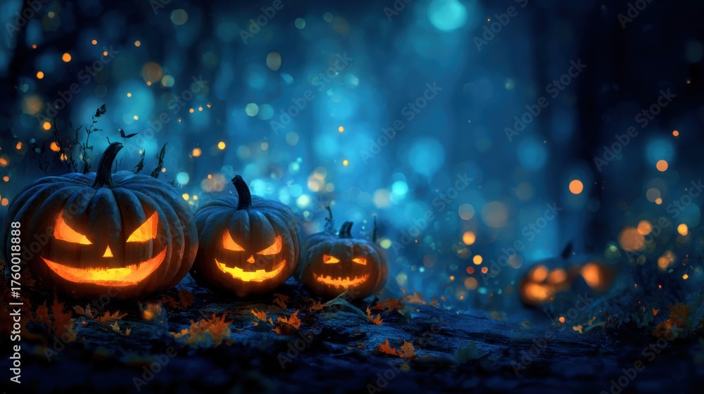 Fototapeta premium glowing jack o lanterns in magical forest