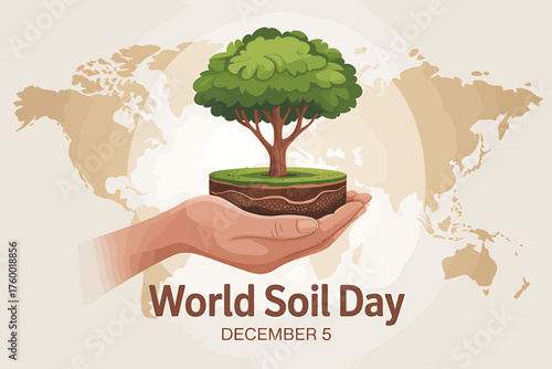 World Soil Day Illustration Featuring a Tree in Hand Over a World Map Background for Environmental Awareness and Sustainability Campaigns