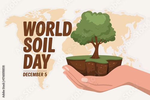 World Soil Day Illustration on December 5 with Tree and Land in Hand over World Map Background