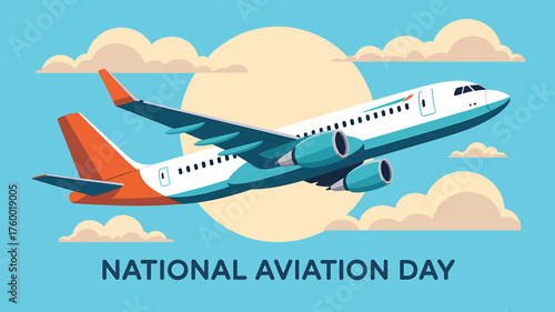 Celebrating National Aviation Day with a Blue and White Airplane Flying Through the Clouds Aviation Concept Artwork