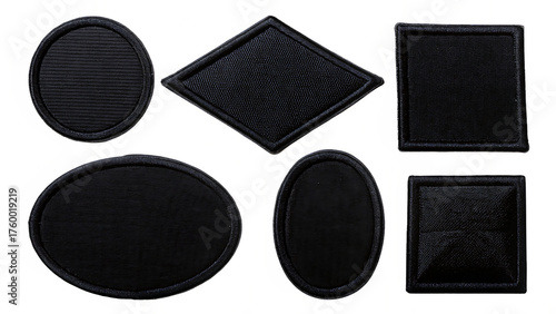 black embroidered patches collection various shape isolated on white background png, ai generated.