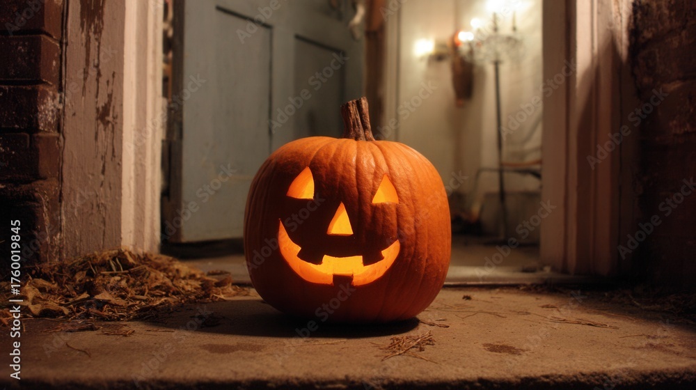 Obraz premium glowing jack o lantern on doorstep,