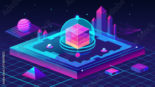Isometric Cube with Neon Lighting Futuristic Landscape Digital Art Design. Futuristic Element Grid Platform, Digital Neon Geometric Scenery Space Age Illustration.