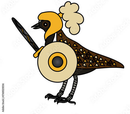 A European golden plover bird, Pluvialis apricaria, dressed in a golden Roman style helmet with a plume, holding a sword and a shield. Vector drawing. 