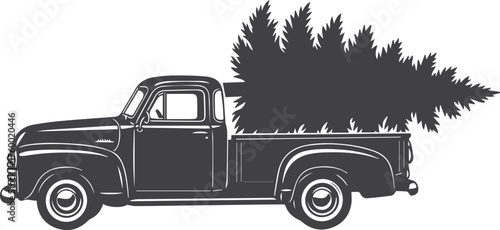 Vintage silhouette of a classic truck carrying a tall evergreen christmas tree