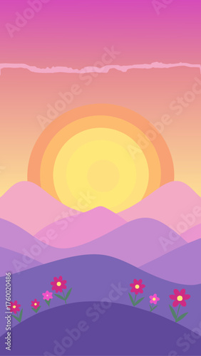 Pastel sunset over rolling hills with wildflowers