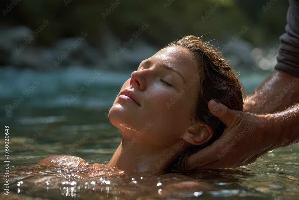 Obraz premium A serene woman relaxes in a flowing river, enjoying a gentle head massage, finding peace and tranquility in nature's embrace under soft, dappled sunlight.