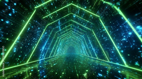 Fototapeta Naklejka Na Ścianę i Meble -  Step into a vibrant, geometric world! This 3D rendering showcases a colorful, neon-lit virtual reality tunnel. Abstract background features neon green and blue lines and dots
