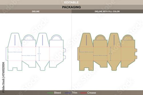 Tuck end box dieline with handle vector printing packaging layout showing structured folds and accurate die line setup for practical and secure packaging