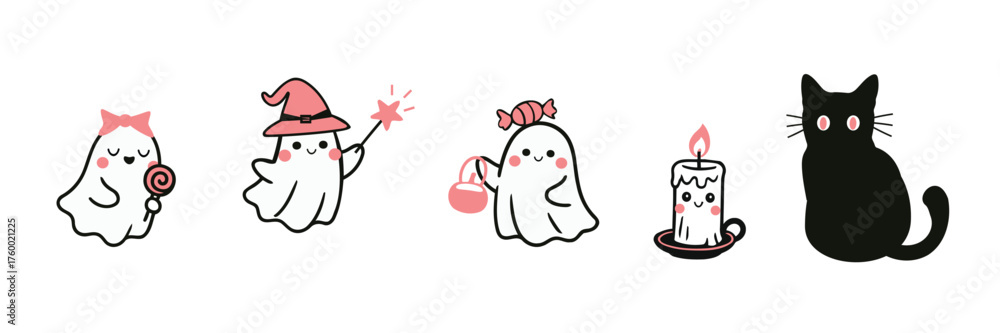 Obraz premium Cute halloween ghost and black cat clipart set with wand, bow, candy bucket and smiling candle in soft pink accents, playful vector for stickers, cards, party decor and kid-friendly designs.