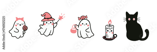 Cute halloween ghost and black cat clipart set with wand, bow, candy bucket and smiling candle in soft pink accents, playful vector for stickers, cards, party decor and kid-friendly designs.