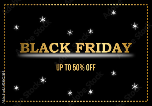 Black Friday banner with stars and gold inscription "Black Friday. Up to 50% off"