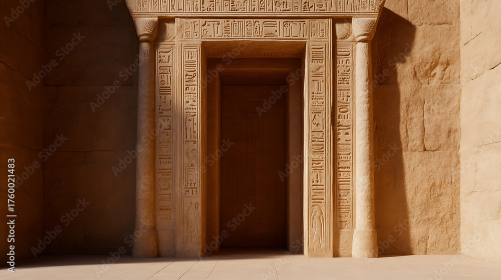 Fototapeta premium Mysterious portal framed by sandstone walls adorned with hieroglyphs in an Egyptian temple bathed in sunlight. A journey through time and history awaits beyond the threshold.