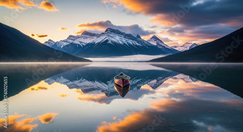 Red canoe on a tranquil mountain lake reflecting snow-capped peaks at sunrise. Scenic Canadian Rockies landscape with calm water and colorful clouds.
