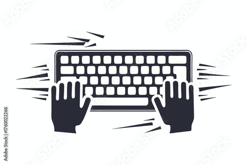 Hands quickly type on a keyboard, with motion lines indicating speed and efficiency