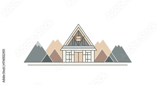 Minimalist Mountain Cabin Set Against a Black Backdrop, Artistic Geometric Illustration