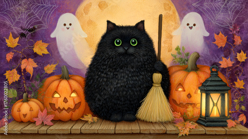 Cute fluffy black cat with a broom sitting among glowing pumpkins and ghosts on a wooden porch. Halloween night illustration with full moon, autumn leaves, lantern and spooky atmosphere.