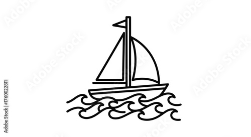 Minimalist Outline Illustration of a Sailing Boat Navigating on Wavy Ocean Waters