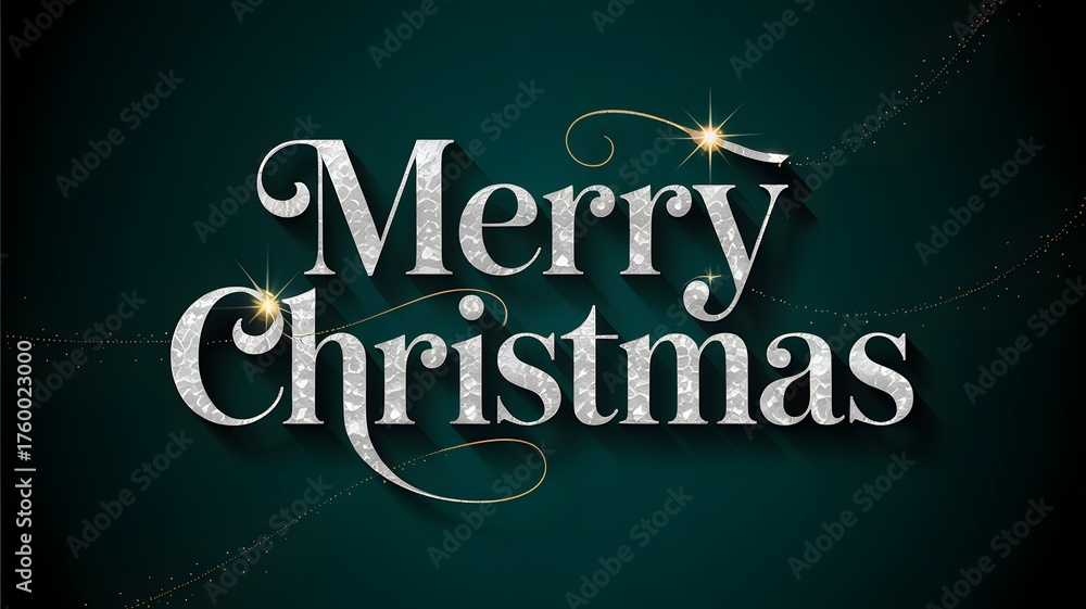 Obraz premium Elegant Merry Christmas typography, festive holiday background with golden sparkles, luxurious deep green, white, celebration, Winter season, New Year greeting card illustration.