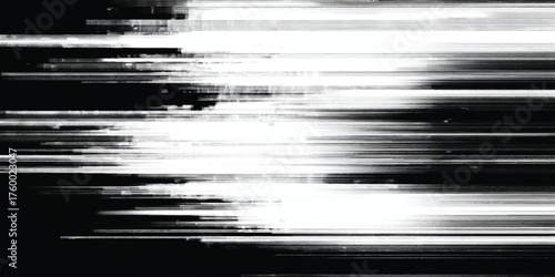 Dynamic black and white horizontal streak pattern with bright light, ideal for tech backgrounds or motion graphics design.