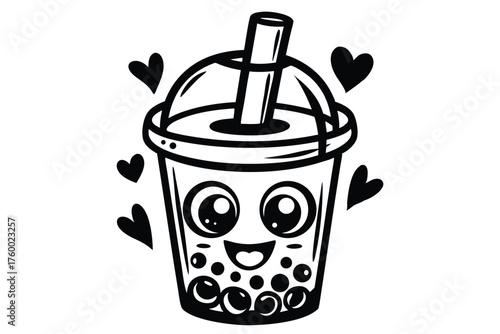 Wallpaper Mural Black and white Boba tea doodle character surrounded by love hearts smiles sweetly Torontodigital.ca