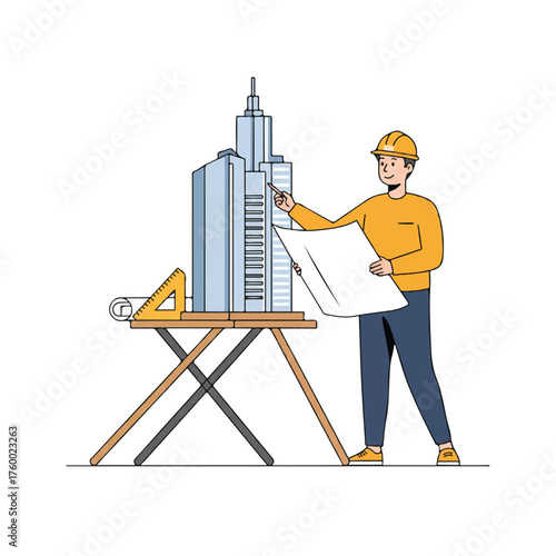 Architect standing with a blueprint, pointing to a skyscraper scale model displayed on a drafting table, conveying construction planning in a clean, simplified 2D flat vector illustration.