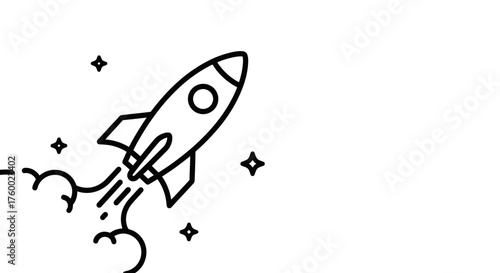 Minimalist Rocket Ship Icon Ascending Through the Cosmos Against a Black Background
