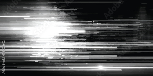 Dynamic black and white horizontal streak pattern with bright light, ideal for tech backgrounds or motion graphics design.