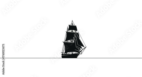 Minimalist Silhouette Of A Classic Sailboat Sailing Across A Dark And Mysterious Sea